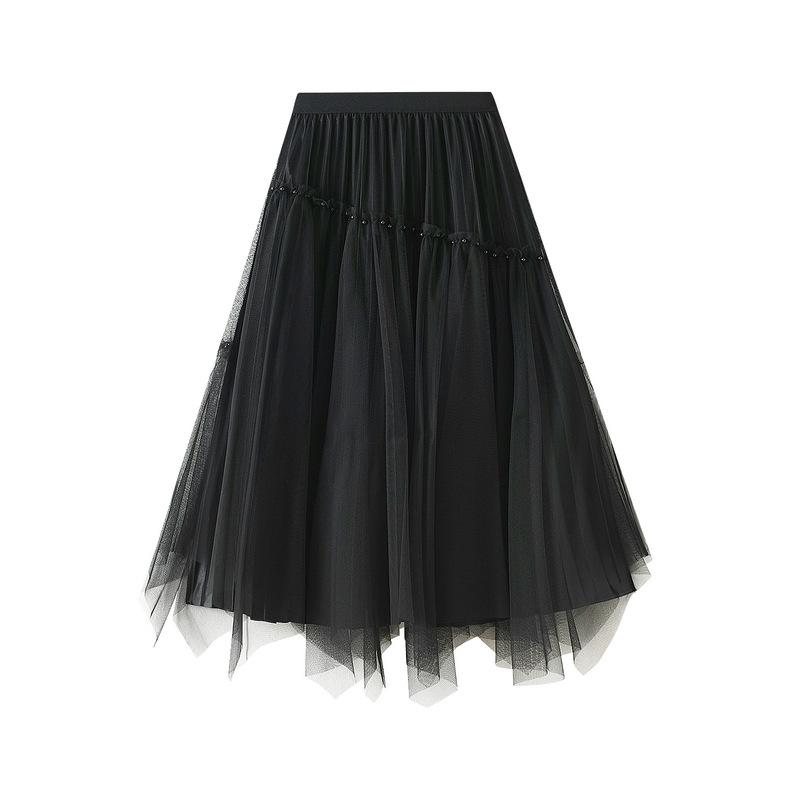 

Qooth Asymmetrical Tulle Midi Skirt High Waist Two Sided Pleated Skirts Luxury Casual Skirt for Women QT2600 One Size чорний