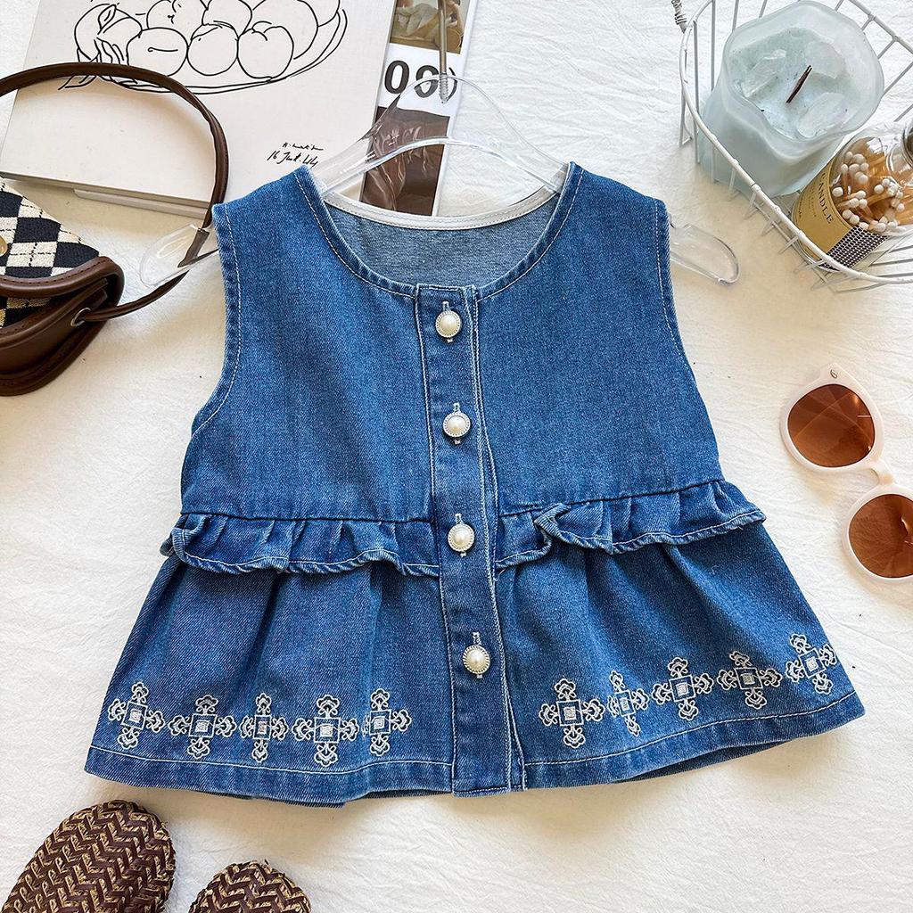 Girls' Soft Denim Vest & Wide-Leg Pants Set with Floral Embroidery - Summer Style Two-Piece Outfit
