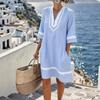 Neuer maritimer Urlaubsstil V-Ausschnitt böhmischer Druck lockeres Strandkleid kurzärmliges Sonnenschutz-Bluse