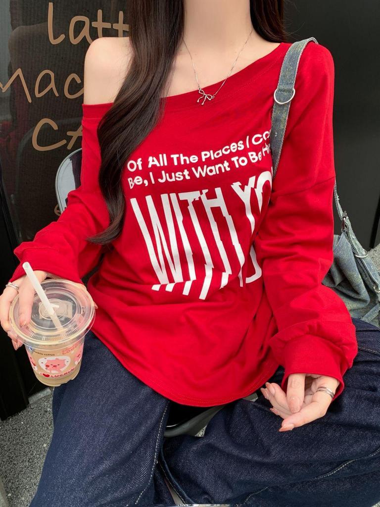 2025 Spring/Autumn Women's Off-Shoulder Oversize Sweatshirt, Reversible Design, Loose Fit, Slanted Shoulder Lazy Style Top