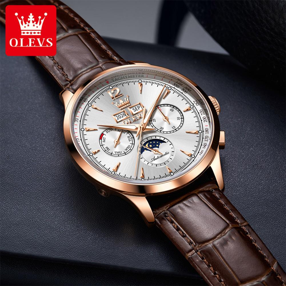 OLEVS Brand New Fashion Moon Phase Original Mechanical Watch Men Leather Strap Waterproof Week Calendar Automatic Watches Mens