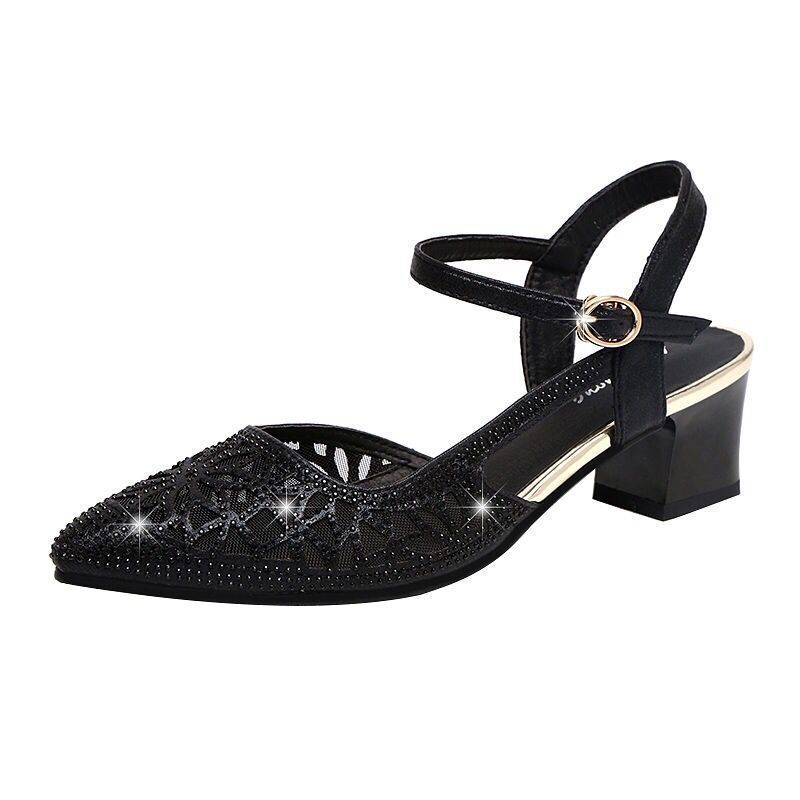 Dámské letní sandály z měkké kůže se síťovinou, silný podpatek, jednobotky, dámská módní obuv se středním podpatkem, uzavřená špička, prodyšné