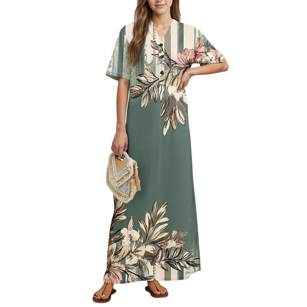 Women's Fashion Printed Nightgown Home Clothes Short Sleeve Nightgown With Pockets Long Dress