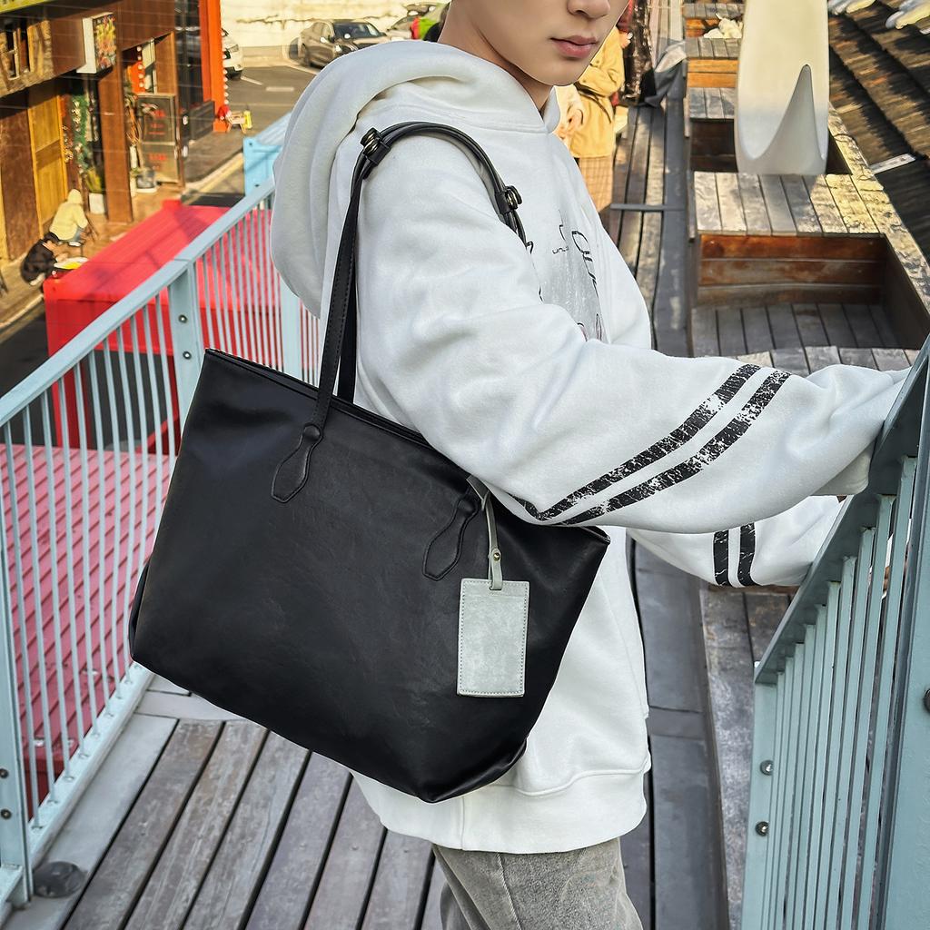 Wind waterproof PU leather large capacity tote bag men's leisure commuter travel handbag fashion shoulder bag women