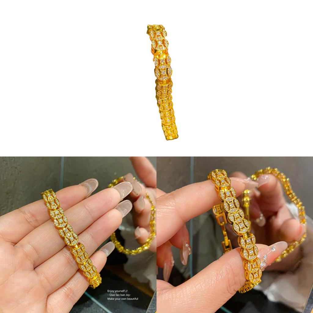 Chinese Style Zircon Copper Coin Geometric Bracelet With Luxury Finish For Women