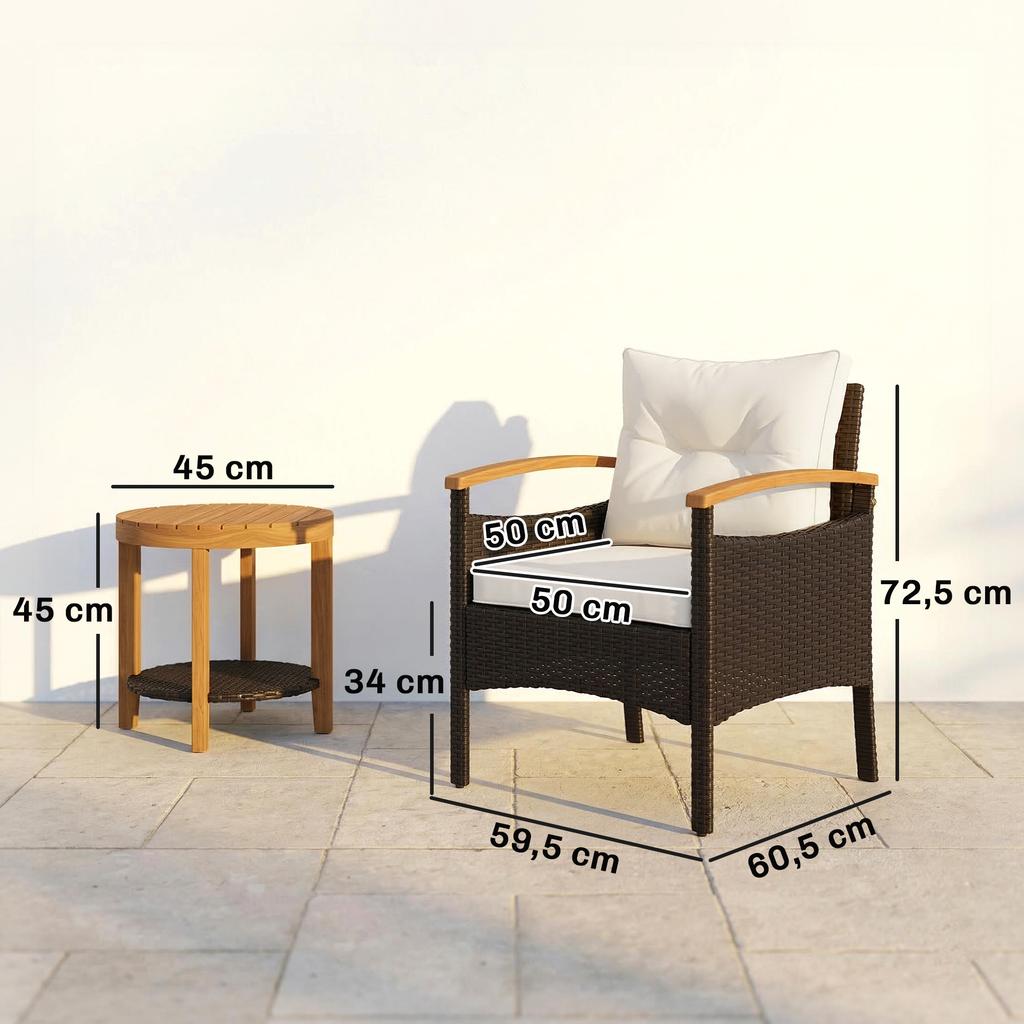 Rattan Bistro Set 3-Piece FSC Garden Furniture Set with 2 Chairs, 2-Tier Wooden Table, Thick Washable Cushions