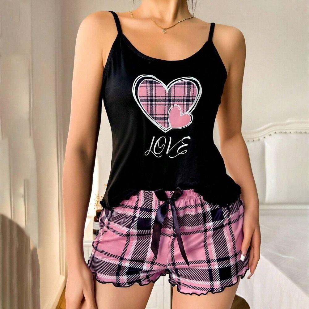 Homewear Two Piece Nightwear Love Heart Cami Shorts Pajamas Kawaii Women's Pajamas Set  Women