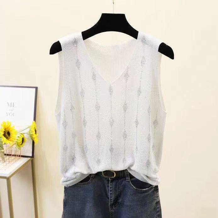 2023 Shiny Silk Sleeveless V-Neck Women's Vest - Spring/Summer New Style, Loose Fit with Hot Diamond Sling Knitted Design