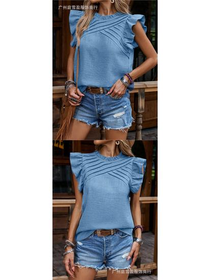 Women's Pure Color Ruffled Raglan Sleeve Top