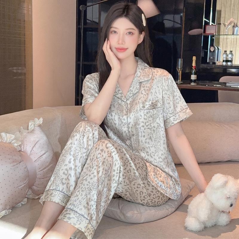 High-end leopard print light luxury fashion printed ice silk satin pajamas women's summer casual short-sleeved trousers set