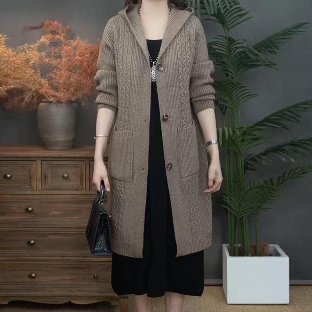 Stylish Plus Size Hooded Cardigan: Mid-Length Knit Sweater Coat for Moms (Autumn/Winter)