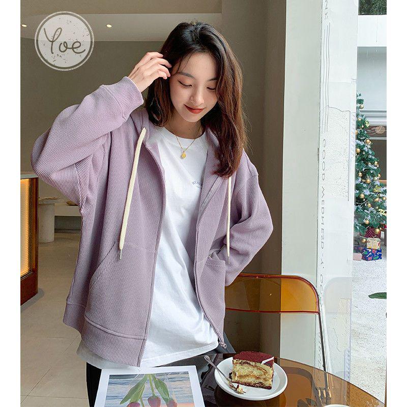 Women's Korean Style Waffle Knit Hooded Jacket (Spring/Autumn) - Slimming, Loose Fit, Plus Velvet, Zipper Cardigan Top