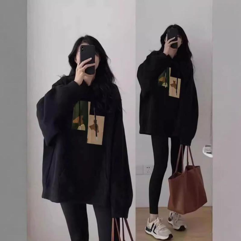 Autumn Winter Black Hipster Loose Casual Hoodies Women Long Sleeve Printing Harajuku Y2K Pullover Hooded Top