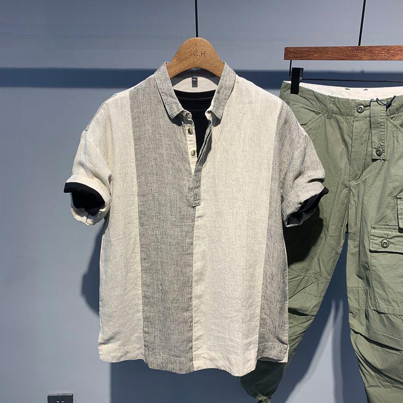 

Новая Мода Тонкая Рубашка с Коротким Рукавом Мужская Летняя Повседневная Верх Контрастная Цветная Вставка Пуловер Кардиган XXXL бежевый