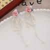 Sweet Silver Needle Pearl Earrings with Pink Rose Tassel