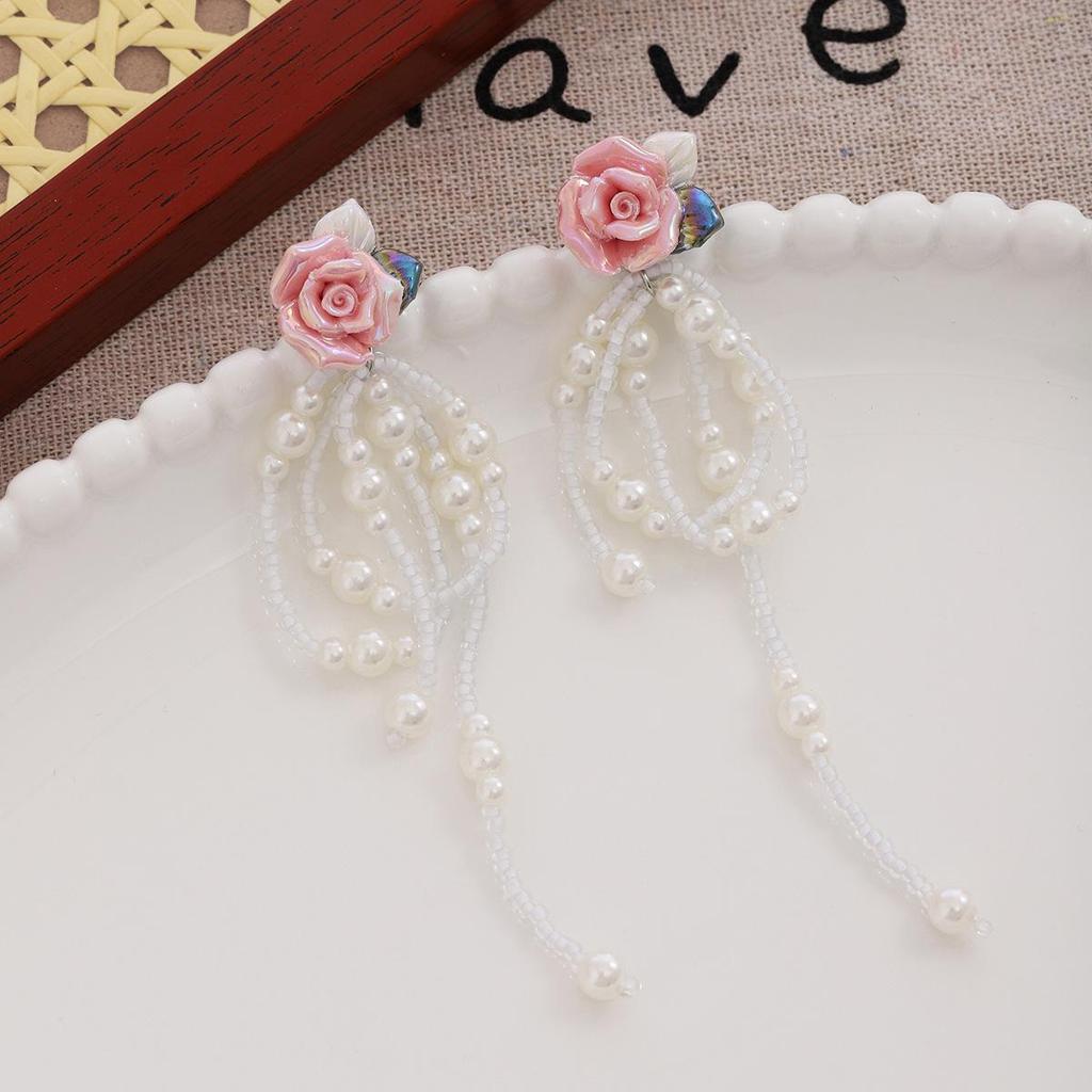 Sweet Silver Needle Pearl Earrings with Pink Rose Tassel