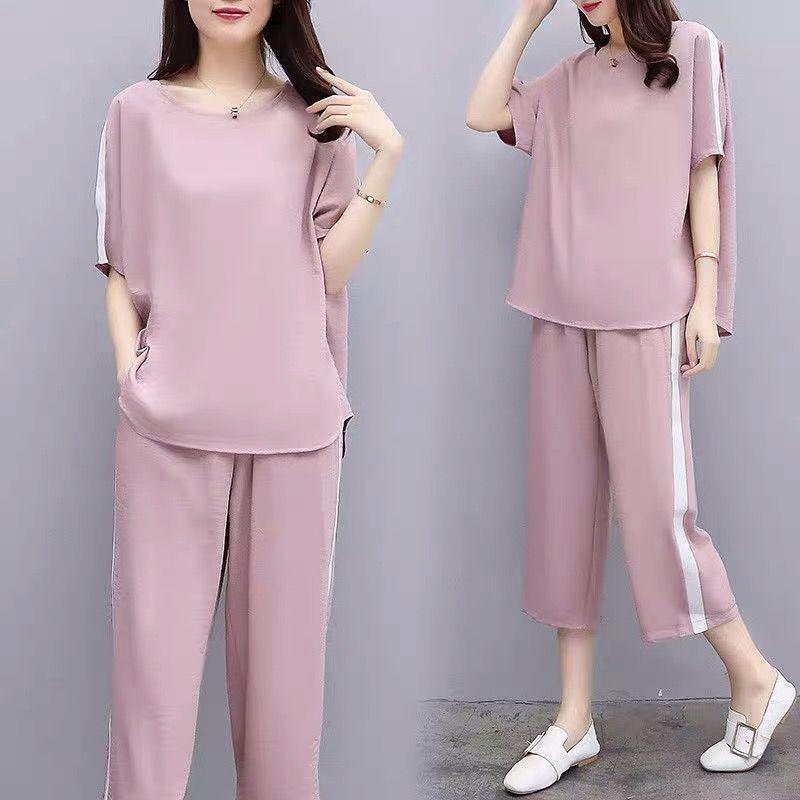 Women's Summer Korean Style Two Piece Fat Loose Casual Wide Leg Pants Suit for Women