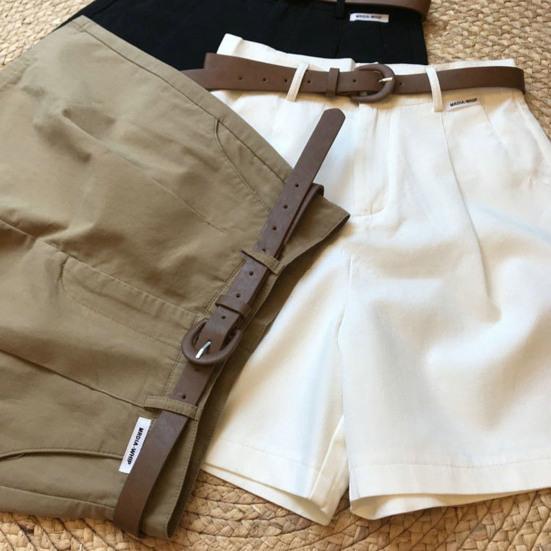 Women Summer Shorts A-line Solid Color With Belt High Waist Suit Shorts Loose Pockets Zipper Button Closure Lady Dating Commute Shorts