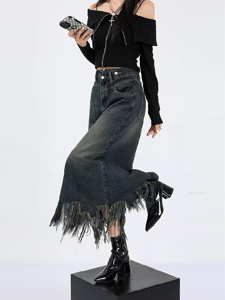 Retro dżinsowa spódnica A-line dla kobiet modna spódnica midi z wysokim stanem z frędzlami odzież w stylu koreańskim wiosna jesień