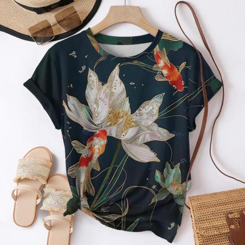 Tricouri cu imprimeu 3D de pește Koi de vară pentru femei, îmbrăcăminte de stradă, ocazional, Harajuku Y2k, tricou cu mânecă scurtă, tricouri cu gâtul în formă de tricou.