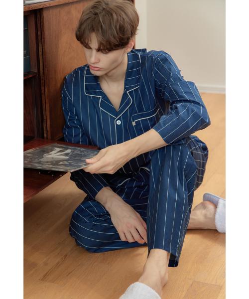 [May Flower] Navy Pencil Stripe Long Sleeve Men's Pure Cotton Plus Size Pajama Set [Shipped from Korea] 100% Authentic