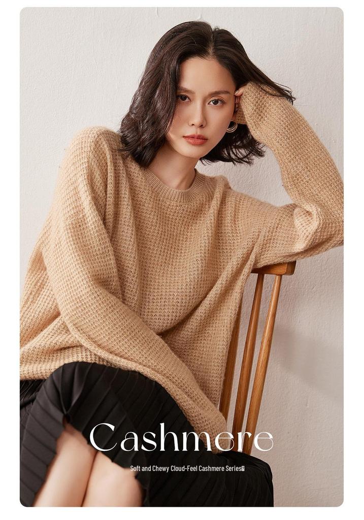 Women's Thick Coin Stitch Round Neck Cashmere Sweater - Autumn/Winter Loose Knit