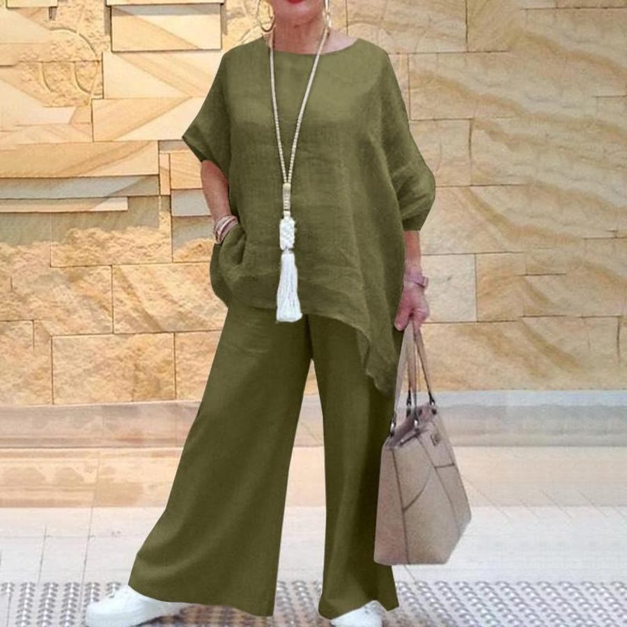New Women's Cotton Linen Fashion Casual Plus Size Asymmetrical Long Sleeve Set Wide Leg Pants Two Piece Outfit