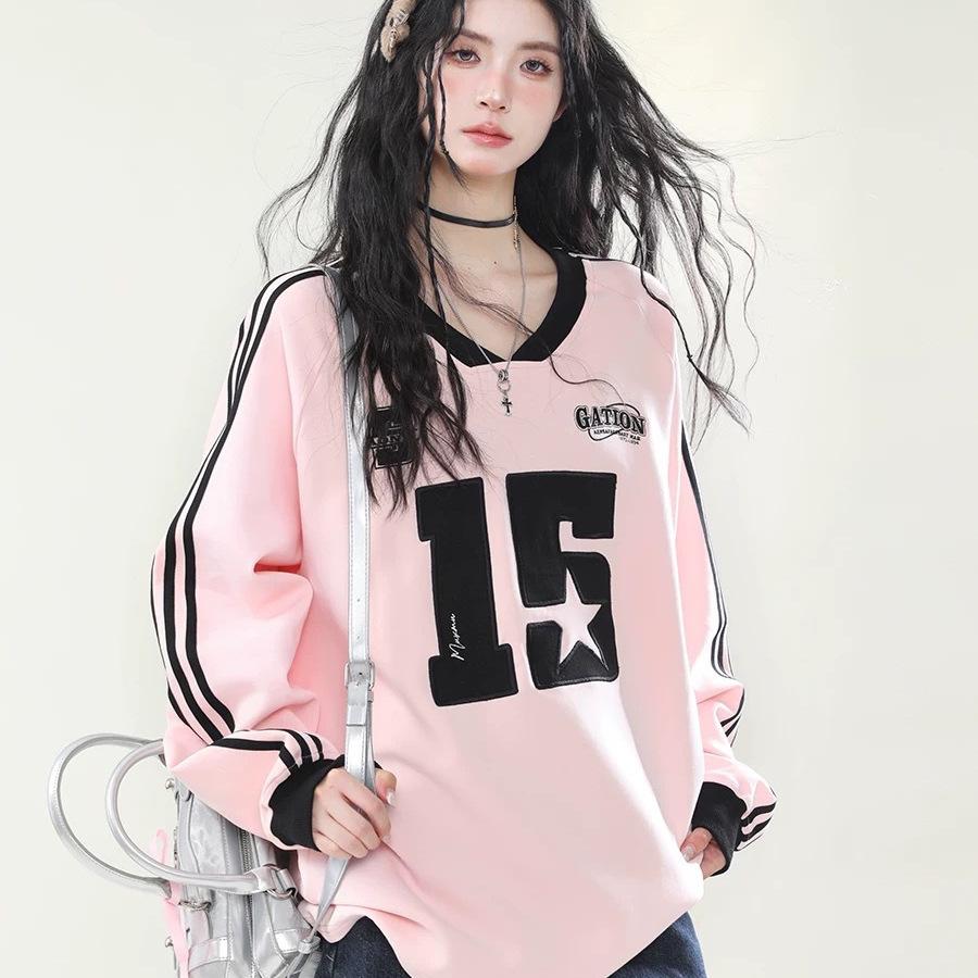 Women's V Neck Long Sleeve Sweatshirt Loose Fit Streetwear Stripe Sleeve Number Letter Print Pullover Top Casual Autumn Sporty Sweatshirt