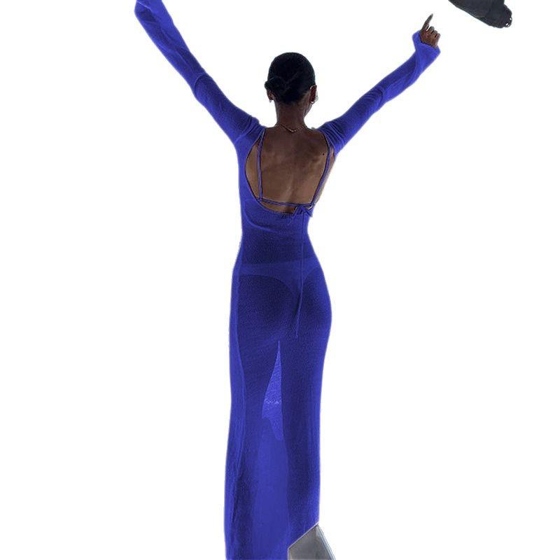 Neuer Herbst Strandrock Rundhals Strandbikini mit Sonnenschutz Langärmlig Rückenfreies Kleid