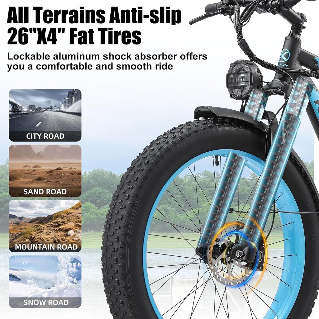 Electric Bicycle Keteles K800 26" 1000Wx2 Motor Adult Ebike 48V 23AH All Terrain Fat Electric Bike 21 Speed LED Display Blue