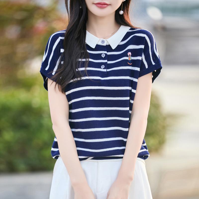Women Knit T-shirt 100% Wool MODERN NEW SAGA Summer Knitted Shirt Short Sleeve Tees Turn-down Collar Patchwork Pullover Knit Tops