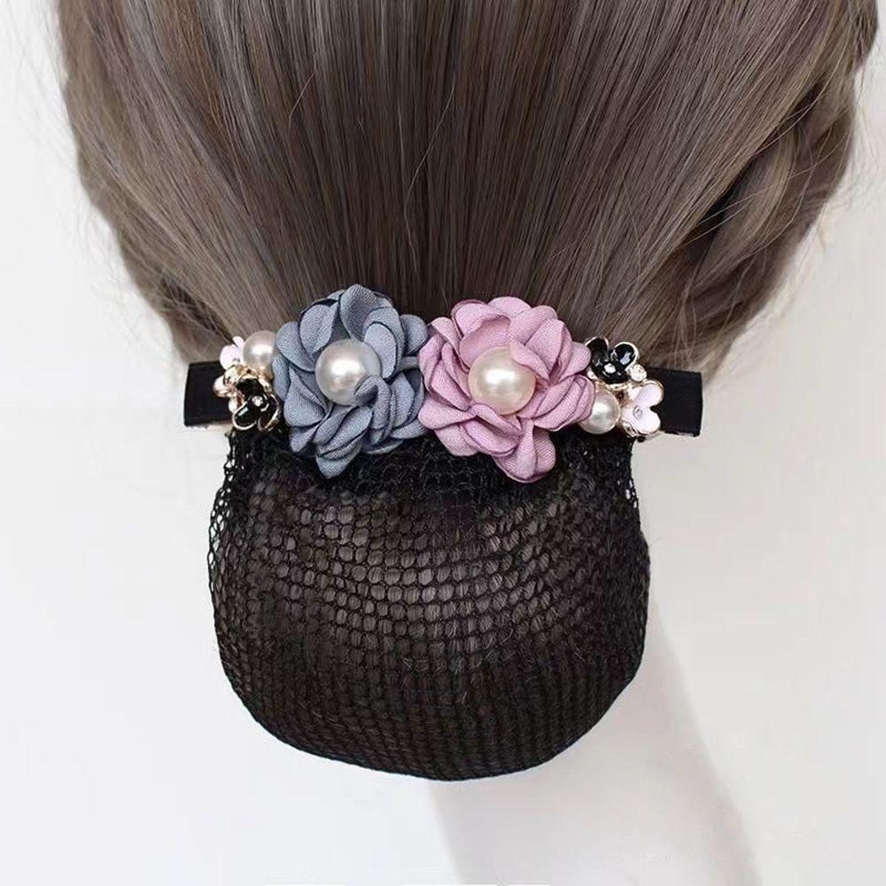 Pearl for Stewardess Nurse Flower Hairnet Women Spring Clip Mesh Snood Korean Style Headwear