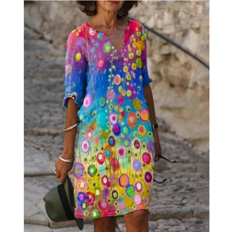 Women's V-Neck Printed Midi Dress Loose 3/4 Sleeve Casual Summer Dress