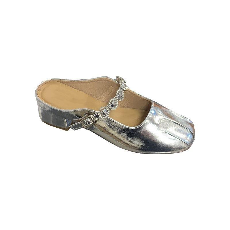 Temperament Silver Bag Head Half Slippers Women's Outer Wear Spring and Summer New Sandals Rhinestone Belt Single Shoes