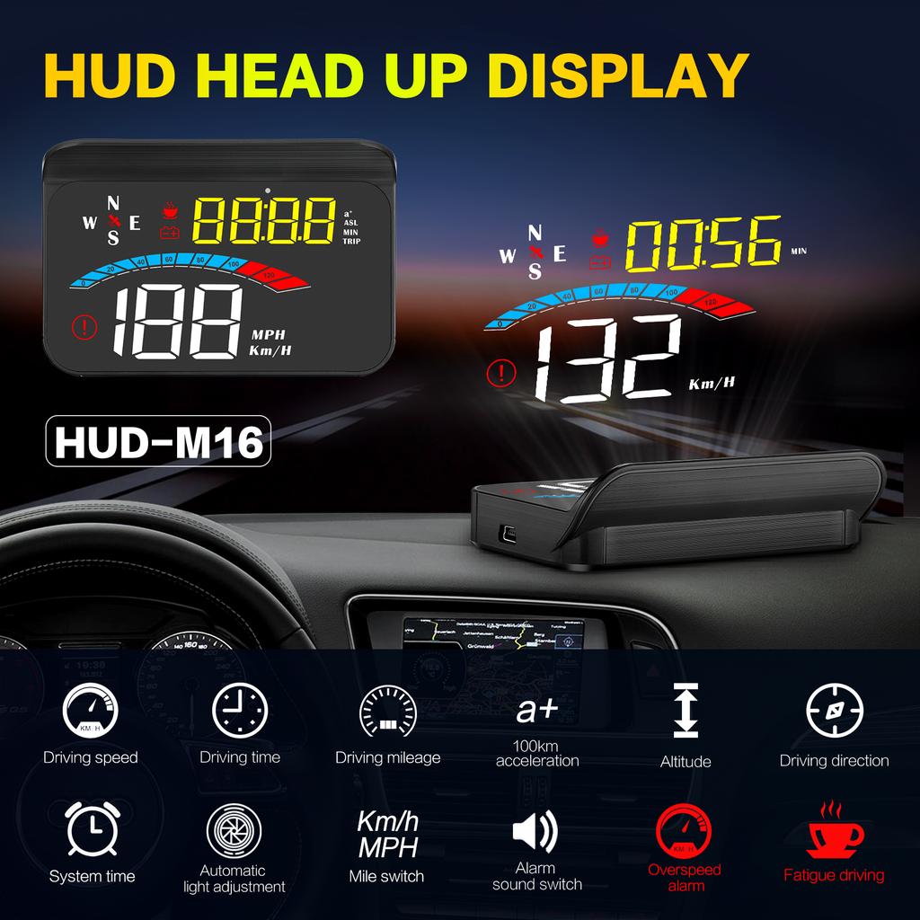 ZQKJ HUD M16 GPS Für Alle Autos Head-Up Display Projektion Tachometer Digitalprojektor Geschwindigkeit Spannung Fahrstrecke Höhe