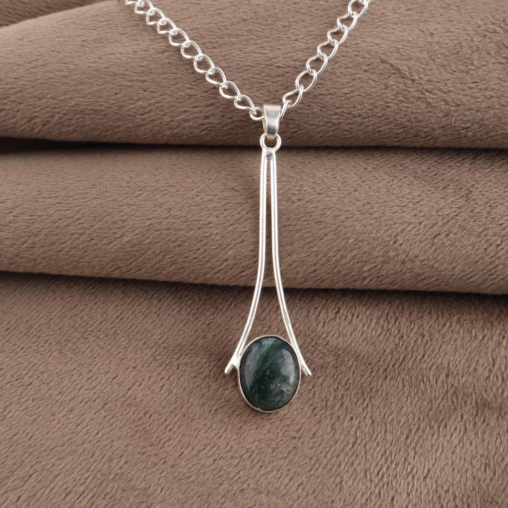 Natural Moss Agate Gemstone 925 Sterling Silver Handcrafted Jewelry Long Pendant 1.69" For Women PP-69-33