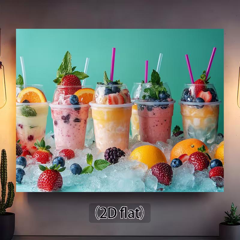 

2D Teal Background Fruit Drink Tapestry, Icy Berry Smoothie Scene Background Cloth 47.2x31.5inch/120*80cm