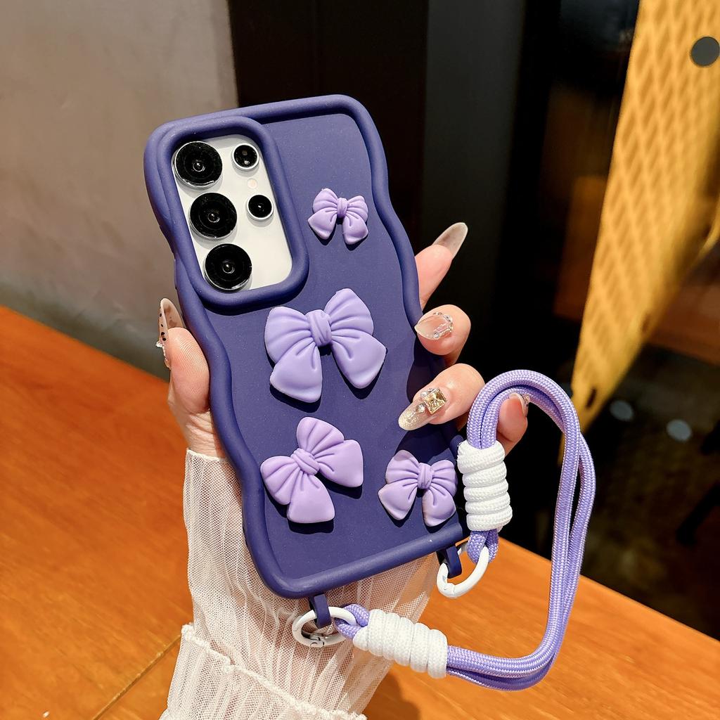 Samsung S25ultra Mobile Phone Case with Large Waves Cute Bow S24plus Integrated Lanyard Hole
