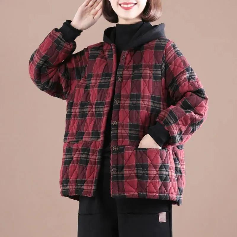 Women's Autumn and Winter Plus Cotton Warm Hooded Cotton-Jacket - Casual Plaid Loose Single-Breasted Coat