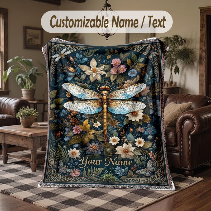 Dragonfly Garden Dream Theme Throw Blanket Custom Name Text Personalized Blanket Soft Cozy Blanket for Home Sofa Bed