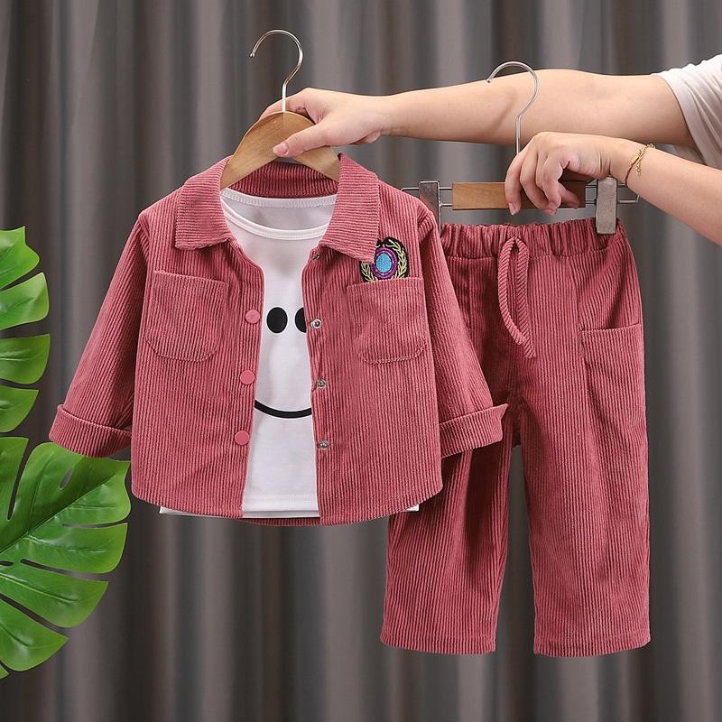 Kids Corduroy 3-Piece Clothing Set Boys Cartoon Print Tee Jacket Pants Casual Outfit For Toddlers