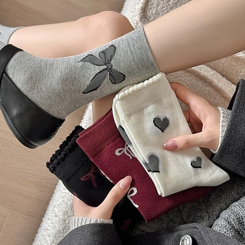 Socks Pure Cotton Medium Tube Socks Spring And Autumn Versatile Bow Love Ankola Red Cotton Stacking Socks Women