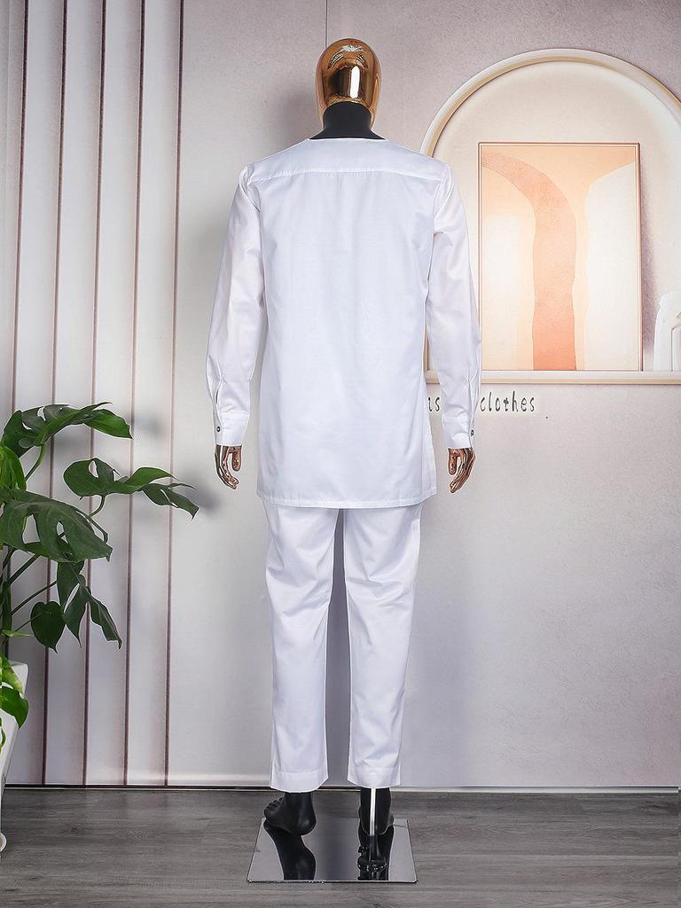 African Men's Traditional Three-Piece Set: Embroidered Robe, Pants, and Matte Cloth