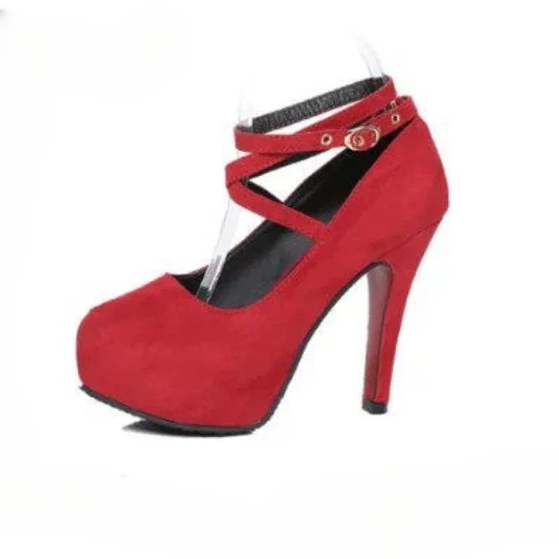 

Женская обувь 2024 года, высококачественные женские туфли-лодочки с пряжкой из одного слова, осенние туфли с острым носком, однотонные туфли на высоком каблуке из флока, сексуальное платье на высоком каблуке 34 красный