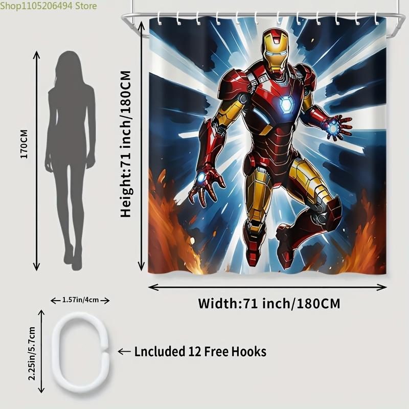 1pc Superhero Shower Curtain - Polyester, 12 Hooks Included, Vibrant Red & Golden Armor Design, Perfect for Bathroom, Home, Ho