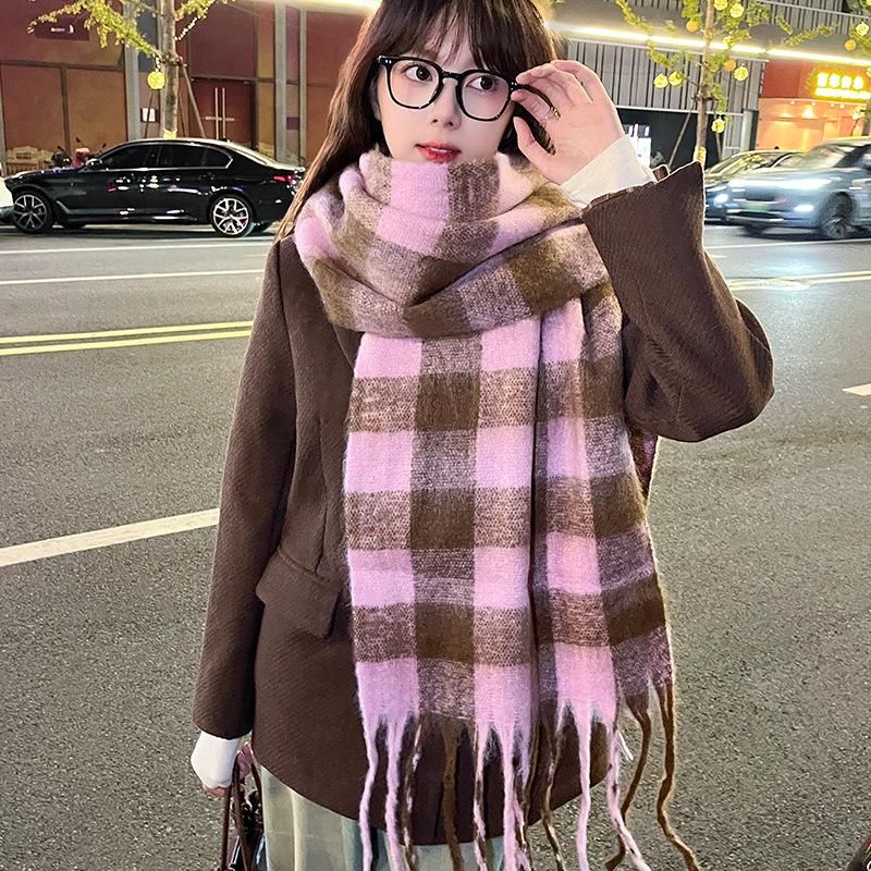 

Винни Ли Ю Шусинь Мохеровый Синий Кофейный Клетчатый Шарф Женский Зимний Утепленный Теплый Шарф Шаль