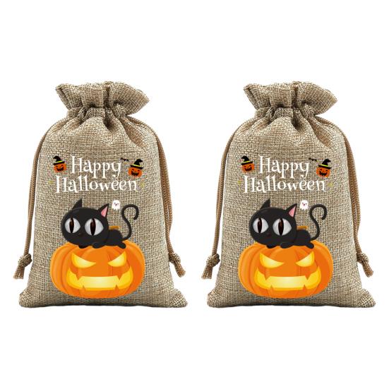 Handmade Style Party Bags 2Pcs Halloween Pumpkin Drawstring for Candy Treats, Retro Burlap Festival Totes Trick or Treat Bags, Portable Goodie