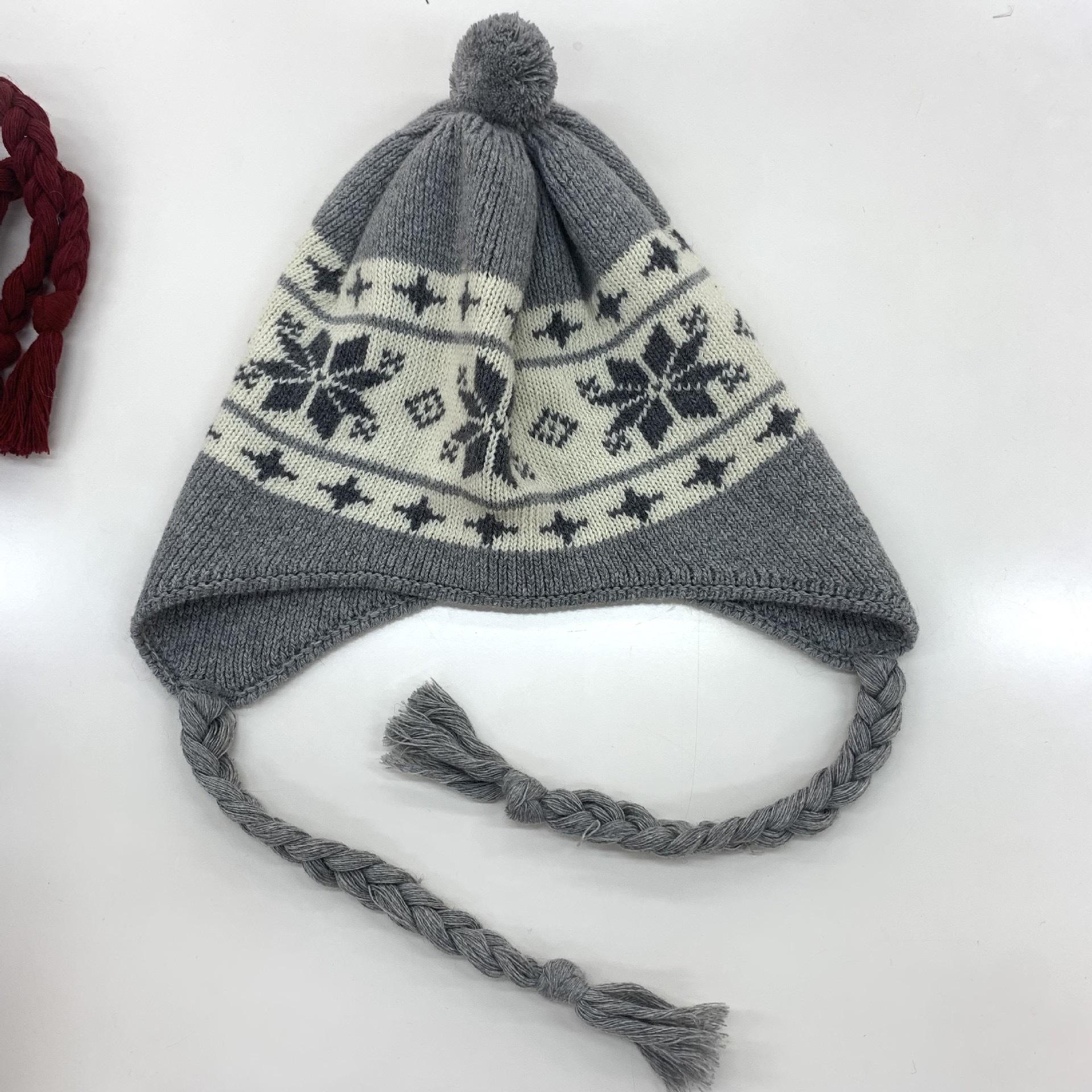 

Jacquard warm knitted hat autumn and winter cute hairball ear protection wool hat sweet pullover hat cold hat tide M（56-58cm）