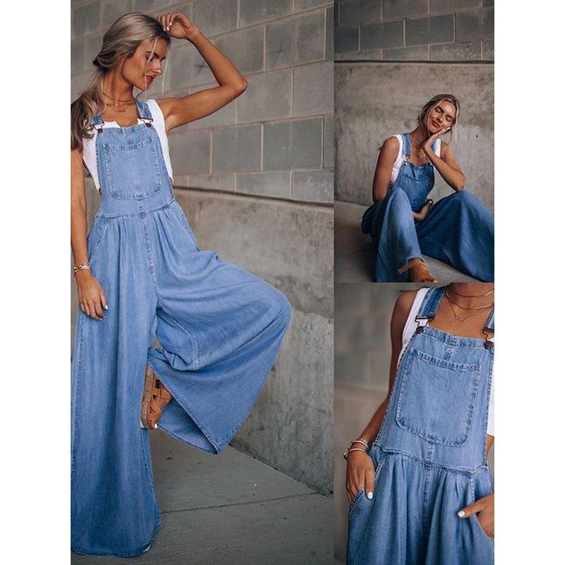 

Autumn Summer Pocket High Waist Jumpsuits Female Rompers XXXL Dark Blue