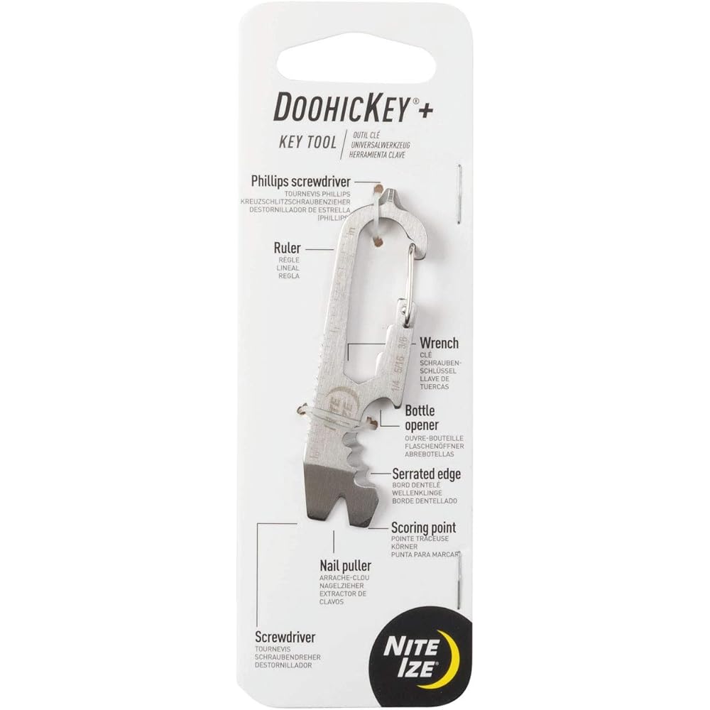 Nite Ize Doohickey Key Tool Plus Multi-Tool Mini Keychain with Bottle Opener Screwdriver Box Cutter Ruler Carabiner Silver